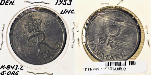 Denmark, 1953 (h)NS 5 Ore, Cat# 843.1 MAIN