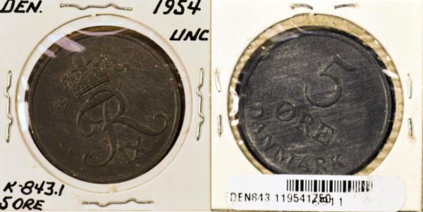 Denmark, 1954 (h)NS 5 Ore, Cat# 843.1 MAIN