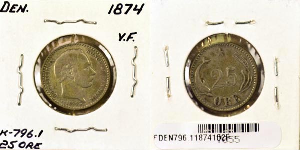 Denmark, 1874 (h)CS 25 Ore, Cat# 796.1 MAIN