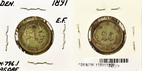 Denmark, 1891 (h)CS 25 Ore, Cat# 796.1 MAIN