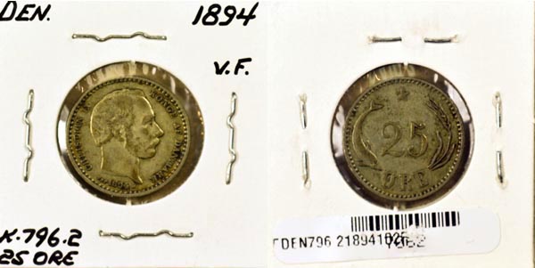 Denmark, 1894 (h)VBP 25 Ore, Cat# 796.2 MAIN