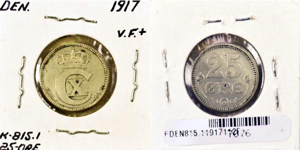 Denmark, 1917 (h)VBP,GJ 25 Ore, Cat# 815.1 MAIN