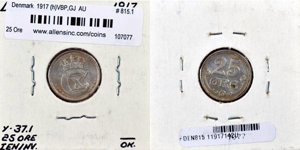 Denmark, 1917 (h)VBP,GJ 25 Ore, Cat# 815.1 MAIN