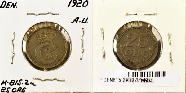 Denmark, 1920 (h)HCN,GJ 25 Ore, Cat# 815.2a MAIN