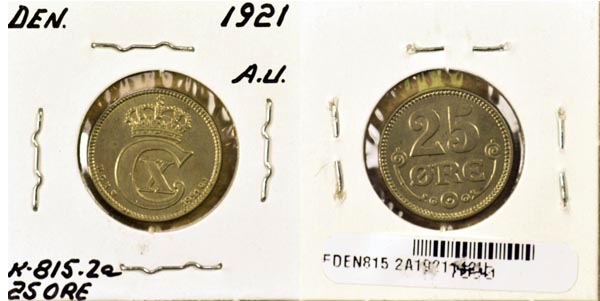 Denmark, 1921 (h)HCN,GJ 25 Ore, Cat# 815.2a MAIN