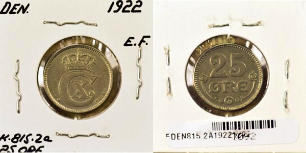 Denmark, 1922 (h)HCN,GJ 25 Ore, Cat# 815.2a MAIN