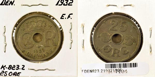 Denmark, 1932 (h)N,GJ 25 Ore, Cat# 823.2 MAIN