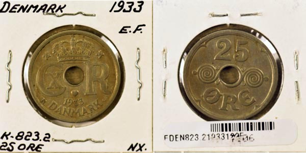 Denmark, 1933 (h)N,GJ 25 Ore, Cat# 823.2 MAIN