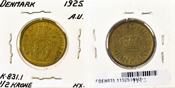Denmark, 1925 (h)HCN,GJ 1/2 Krone, Cat# 831.1 MAIN