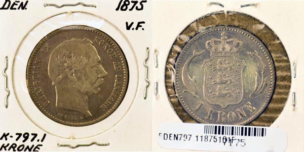 Denmark, 1875 (h)HC,CS 1 Krone, Cat# 797.1 MAIN