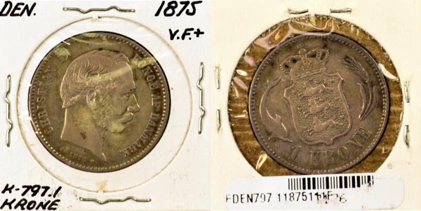 Denmark, 1875 (h)HC,CS 1 Krone, Cat# 797.1 MAIN