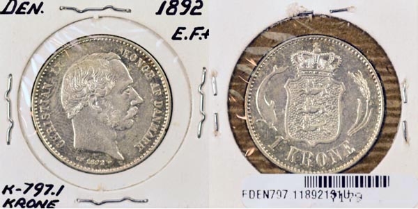 Denmark, 1892 (h)HC,CS 1 Krone, Cat# 797.1 MAIN