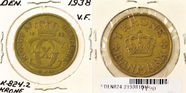 Denmark, 1938 (h)N,GJ 1 Krone, Cat# 824.2 MAIN