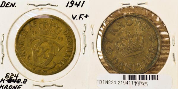 Denmark, 1941 (h)N,GJ 1 Krone, Cat# 824.2 MAIN