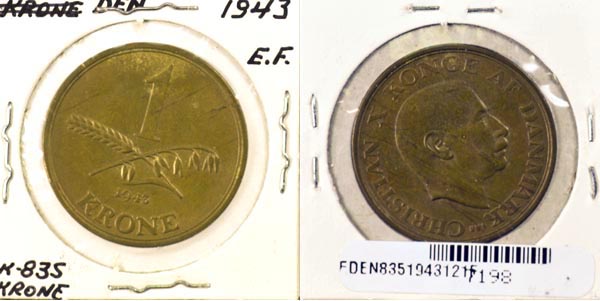 Denmark, 1943 (h)N,S 1 Krone, Cat# 835 MAIN