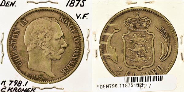 Denmark, 1875 (h)HC,CS 2 Kroner, Cat# 798.1 MAIN