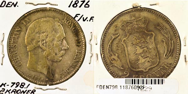 Denmark, 1876 (h)HC,CS 2 Kroner, Cat# 798.1 MAIN