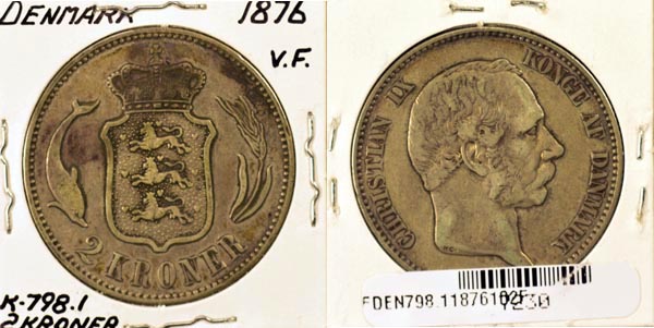 Denmark, 1876 (h)HC,CS 2 Kroner, Cat# 798.1 MAIN