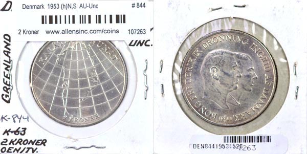Denmark, 1953 (h)N,S 2 Kroner, Cat# 844 MAIN