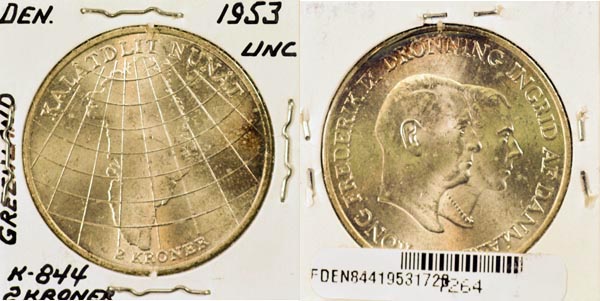 Denmark, 1953 (h)N,S 2 Kroner, Cat# 844 MAIN