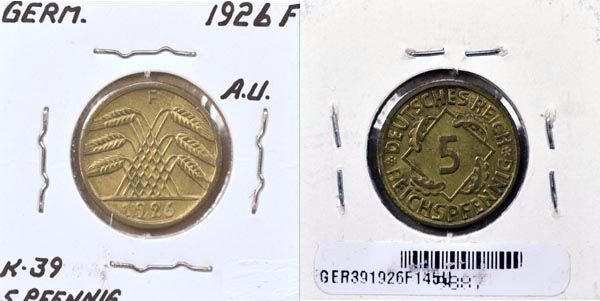 Germany, 1926 F 5 Reichspfennig, Cat# 39 MAIN