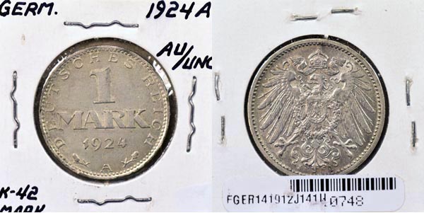 Germany, 1924 A 1 Mark, Cat# 42 MAIN