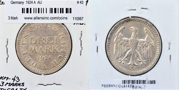Germany, 1924 A 3 Mark, Cat# 43 MAIN