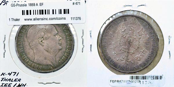German States, Prussia, 1859 A 1 Thaler, Cat# 471 MAIN