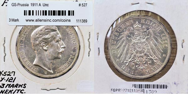 German States, Prussia, 1911 A 3 Mark, Cat# 527 MAIN