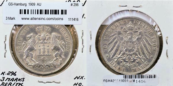German States, Hamburg, 1909 3 Mark, Cat# 296 MAIN