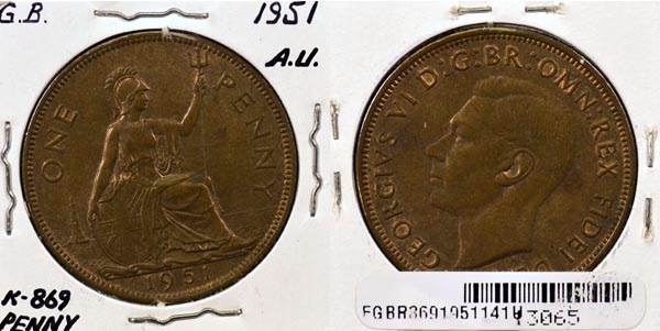Great Britain, 1951 1 Penny, Cat# 869 MAIN