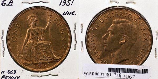 Great Britain, 1951 1 Penny, Cat# 869 MAIN