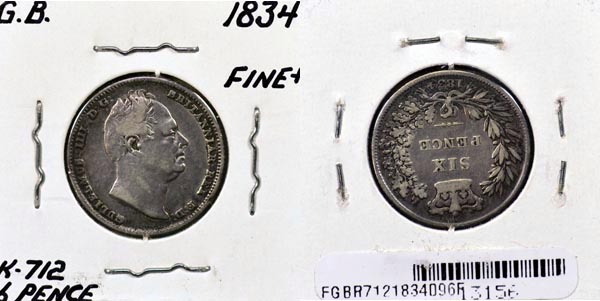 Great Britain, 1834 6 Pence, Cat# 712 MAIN