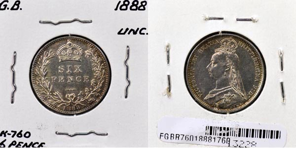 Great Britain, 1888 6 Pence, Cat# 760 MAIN