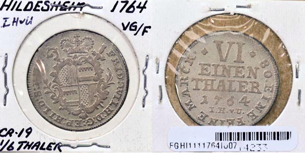 German States, Hildesheim, 1764 IH 1/6 Thaler, Cat# 111 MAIN