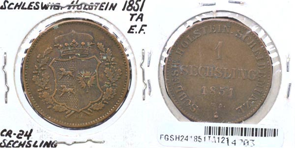 German States, Schleswig-Holstein, 1851 TA 1 Sechsling, Cat# C24 MAIN
