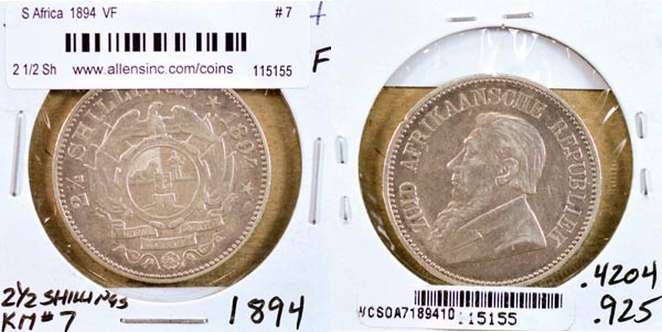 South Africa, 1894 2 1/2 Shillings, Cat# 7 MAIN