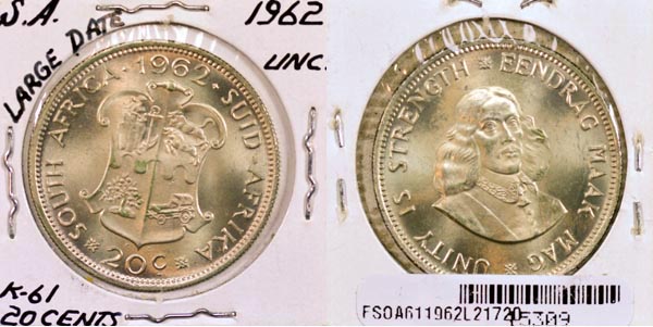 South Africa, 1962 L2 20 Cents, Cat# 61 MAIN
