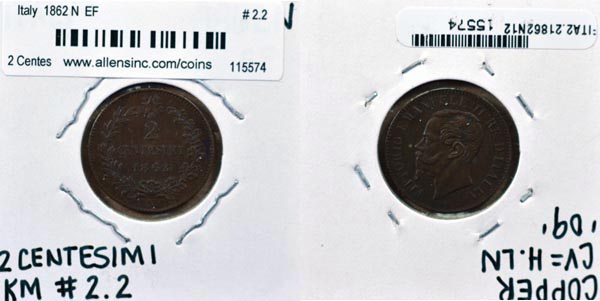 Italy, 1862 N 2 Centesimi, Cat# 2.2 MAIN