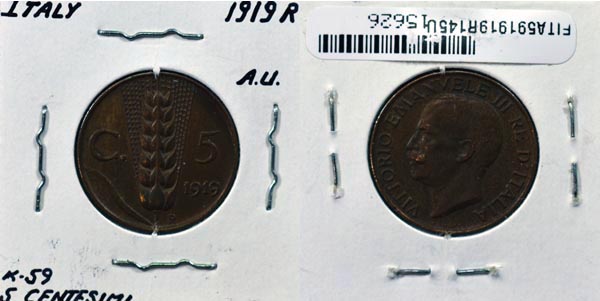 Italy, 1919 R 5 Centesimi, Cat# 59 MAIN