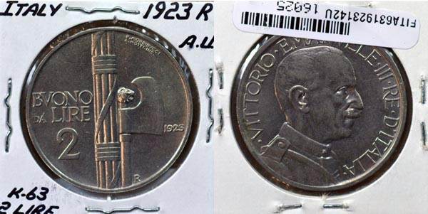 Italy, 1923 R 2 Lire, Cat# 63 MAIN