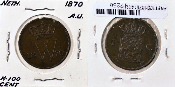 Netherlands, 1870 1 Cent, Cat# 100 MAIN
