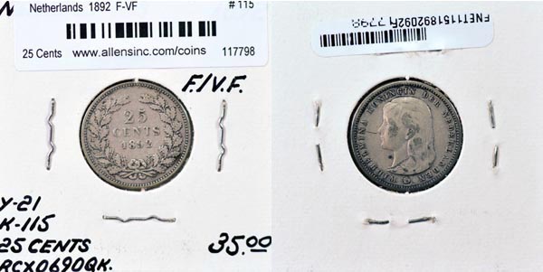 Netherlands, 1892 25 Cents, Cat# 115 MAIN