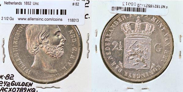Netherlands, 1852 2 1/2 Gulden, Cat# 82 MAIN