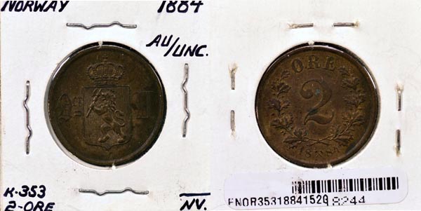 Norway, 1884 2 Ore, Cat# 353 MAIN