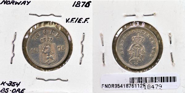 Norway, 1876 25 Ore, Cat# 354 MAIN