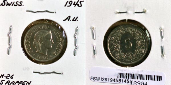 Switzerland, 1945 B 5 Rappen, Cat# 26 MAIN