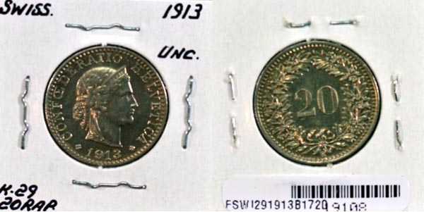 Switzerland, 1913 B 20 Rappen, Cat# 29 MAIN