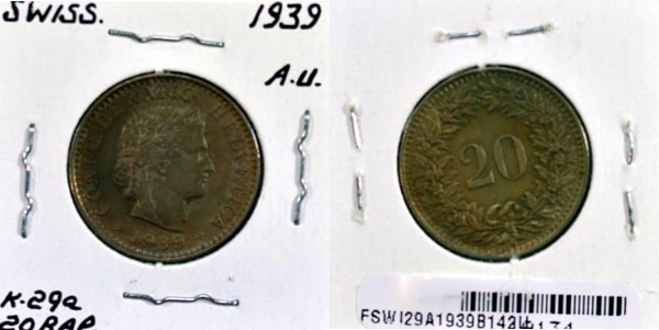 Switzerland, 1939 B 20 Rappen, Cat# 29a MAIN