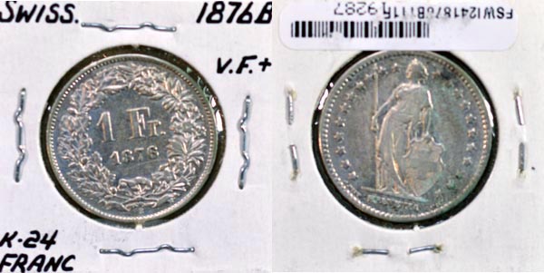 Switzerland, 1876 B 1 Franc, Cat# 24 MAIN